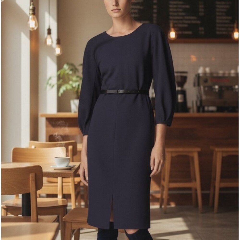 Massimo Dutti Navy Midi Dress Puff Sleeve Old Money Office Siren Womens Size 6